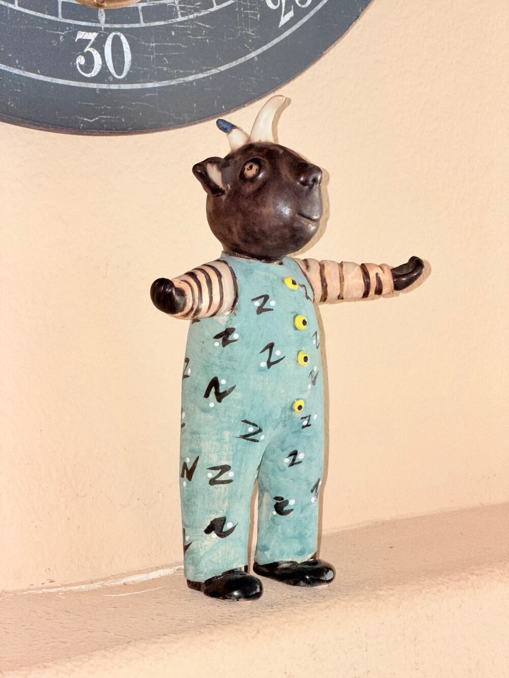 Vintage Sandy Visse Folk Art 12” Goat Sculpture in Pajamas Signed Ceramic Figure